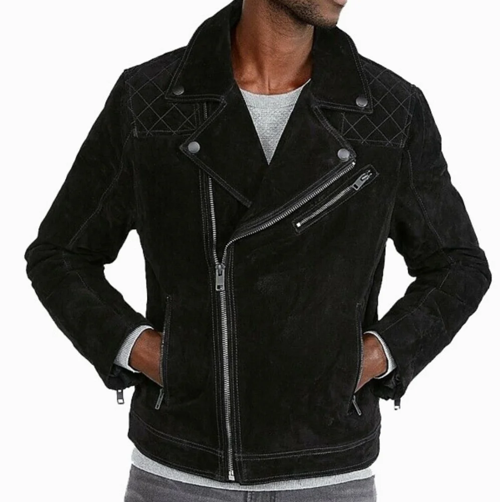 EXPRESS Genuine Black Suede Quilted Biker Bomber Moto Jacket Unisex - Picture 2 of 7